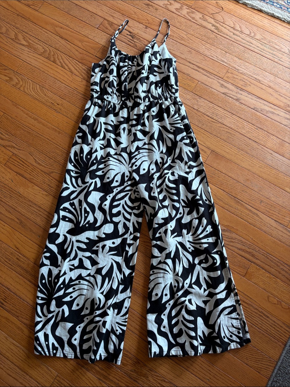 Rachel Zoe Black and White Tropical Leaf Wide-Leg Jumpsuit